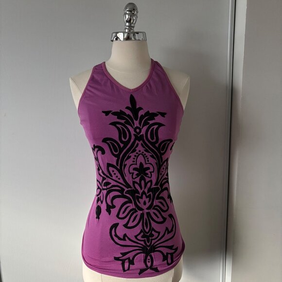 Purple Racerback Tank Top With Black Floral Motif Design - Picture 1 of 5